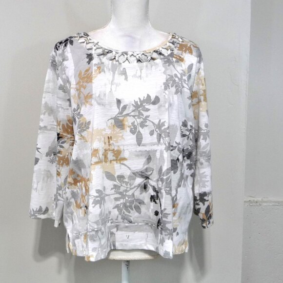 FALL FLORAL GRAY TAN WHITE BLOUSE XL PETITE - Picture 1 of 12